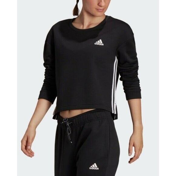 Adidas Primegreen Women's Fleece Loose Cropped 3-Stripes Sweatshirt 2XL Black - Picture 1 of 10
